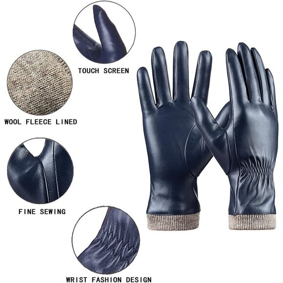 Women's Navy Winter Leather Gloves Wool Fleece Lined Thermal Touchscreen - Picture 3 of 5